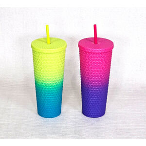 Set of 2 Geometric Diamond Shaped Textured Tumbler w Lid & Straw Neon Ombre 24oz